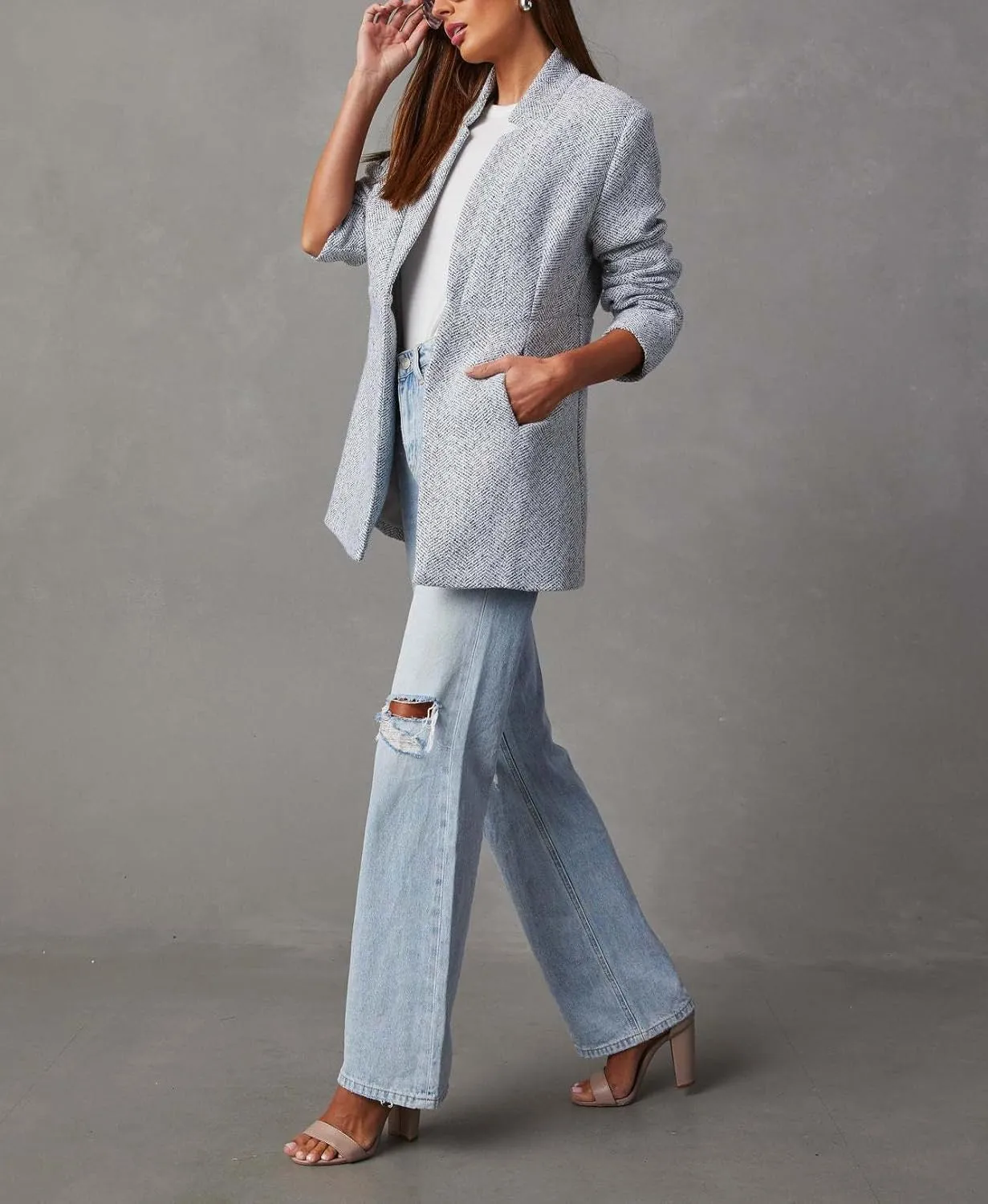 chouyatou Women's Winter Herringbone Stripes Open Front Business Casual Wool Blazer Jacket Overcoat