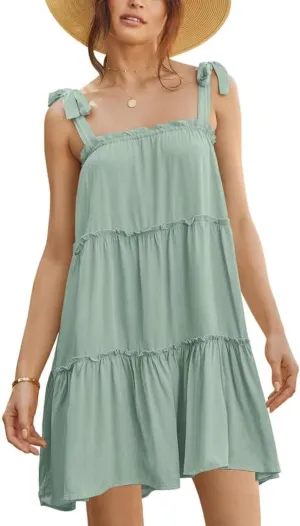 Clarisbelle Women Summer Tie Strap Ruffle Flowy Babydoll Mini Dress
