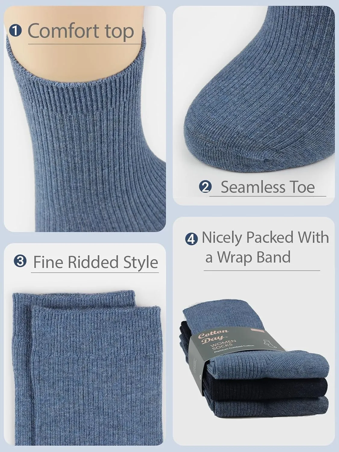 COTTON DAY Women's Combed Cotton Colored Fine Ribbed Trouser Dress Socks Beige Denim Blue Mauve 3 Pack