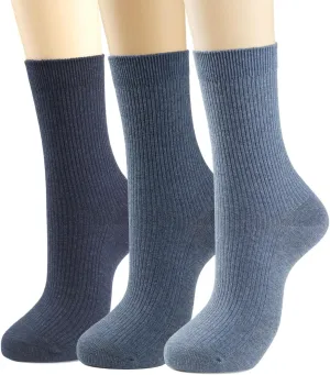 COTTON DAY Women's Combed Cotton Colored Fine Ribbed Trouser Dress Socks Beige Denim Blue Mauve 3 Pack