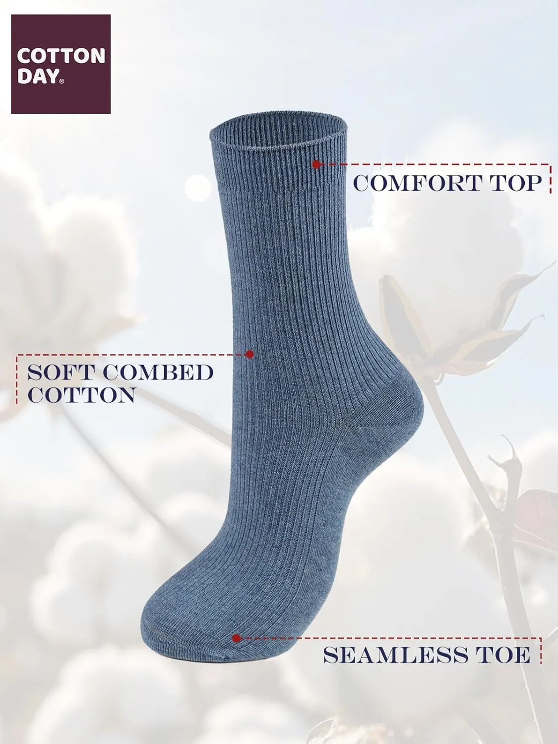 COTTON DAY Women's Combed Cotton Colored Fine Ribbed Trouser Dress Socks Beige Denim Blue Mauve 3 Pack