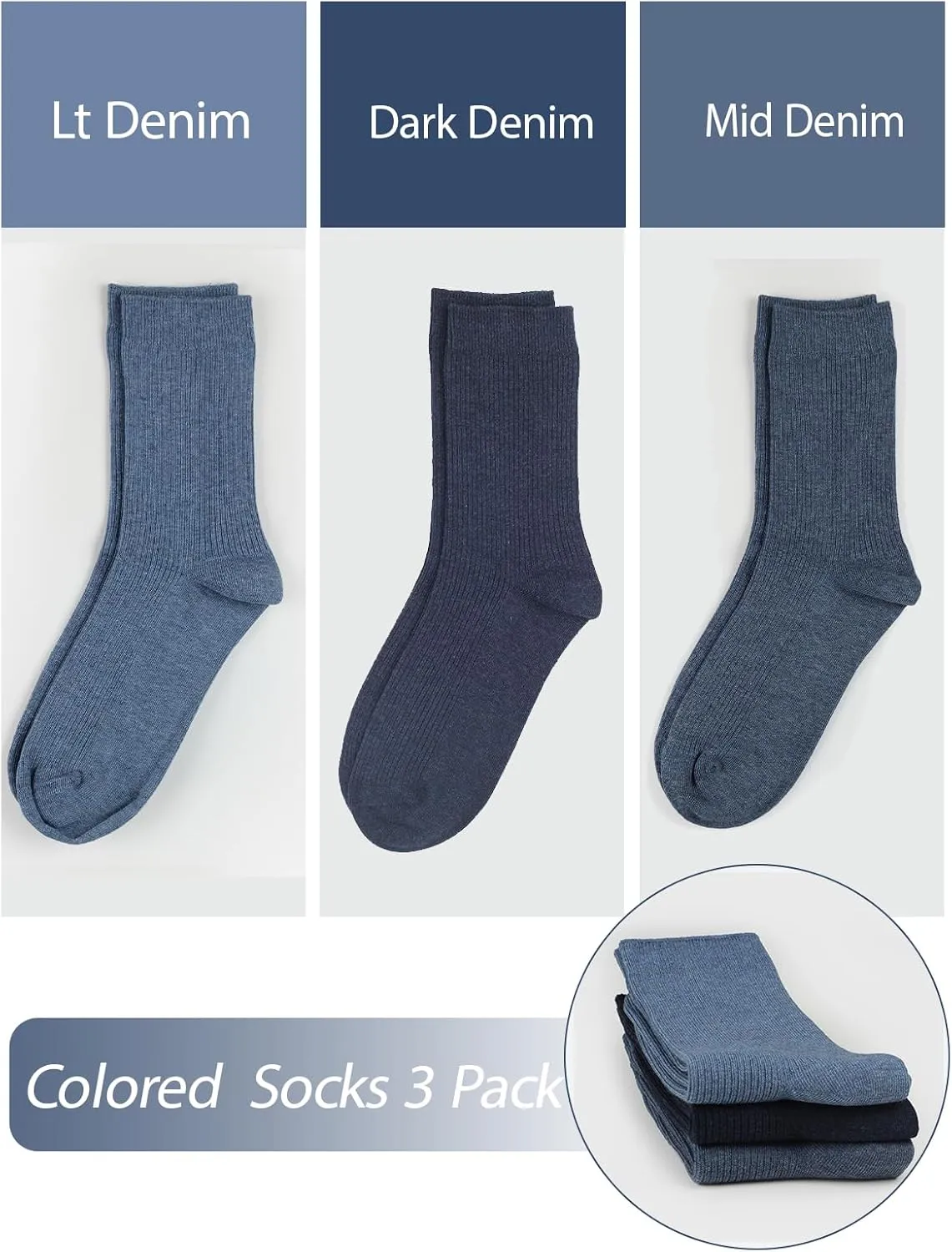 COTTON DAY Women's Combed Cotton Colored Fine Ribbed Trouser Dress Socks Beige Denim Blue Mauve 3 Pack