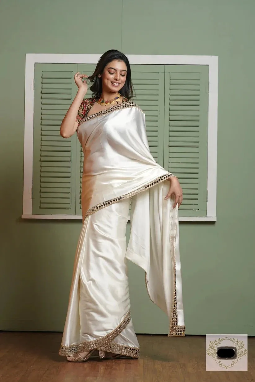 Cream Sheesh Mahal Satin Silk Saree