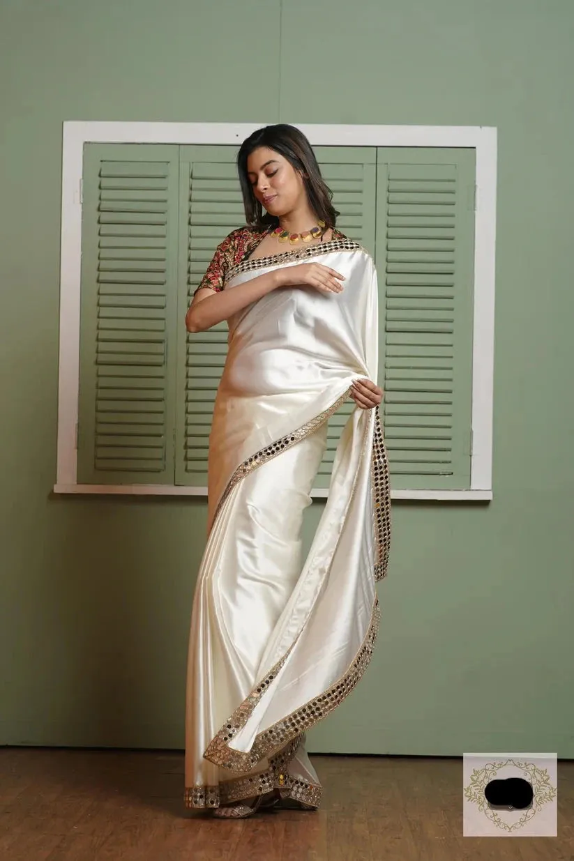 Cream Sheesh Mahal Satin Silk Saree
