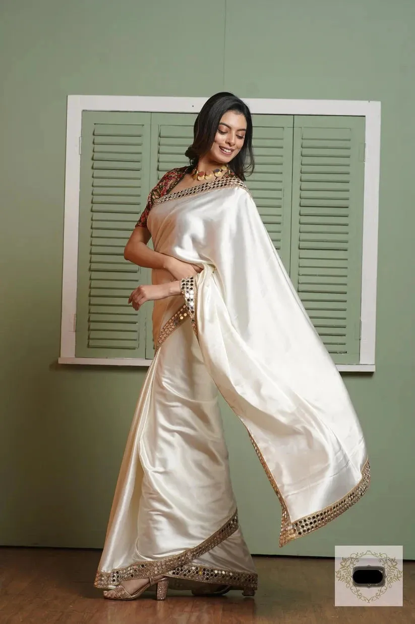 Cream Sheesh Mahal Satin Silk Saree