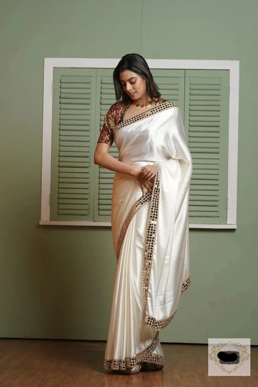 Cream Sheesh Mahal Satin Silk Saree