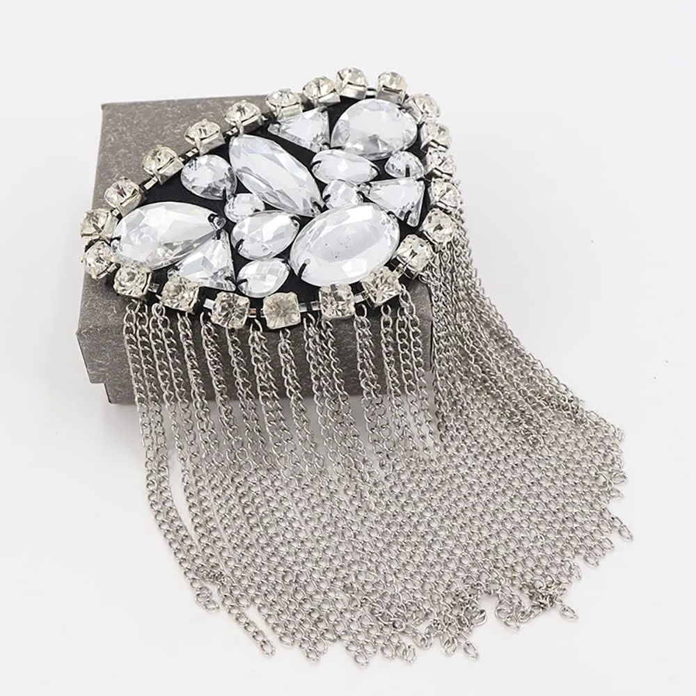 Crystal Beads Shoulder Epaulettes Chain Tassel Blazer Shoulder Epaulet Rhinestone Brooch Badge Pin by The Pair