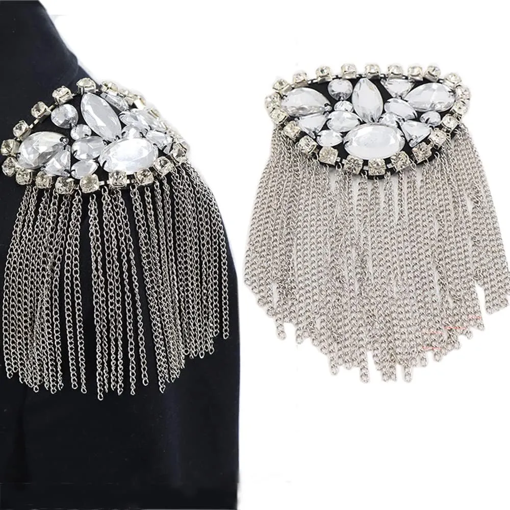 Crystal Beads Shoulder Epaulettes Chain Tassel Blazer Shoulder Epaulet Rhinestone Brooch Badge Pin by The Pair