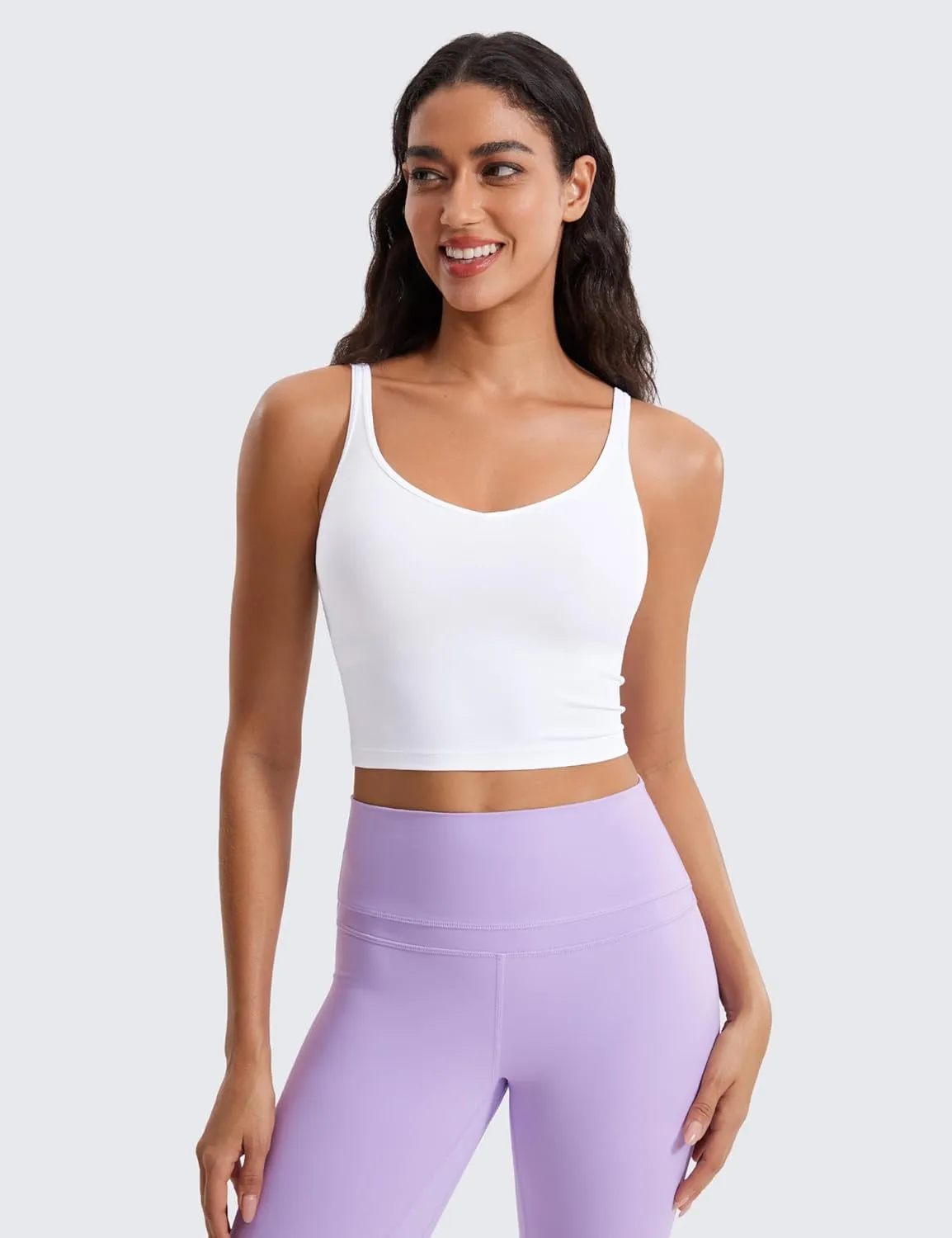 CRZ YOGA Butterluxe-Light Womens V Neck Longline Sports Bra - Spaghetti Straps Workout Crop Top Padded Yoga Cami