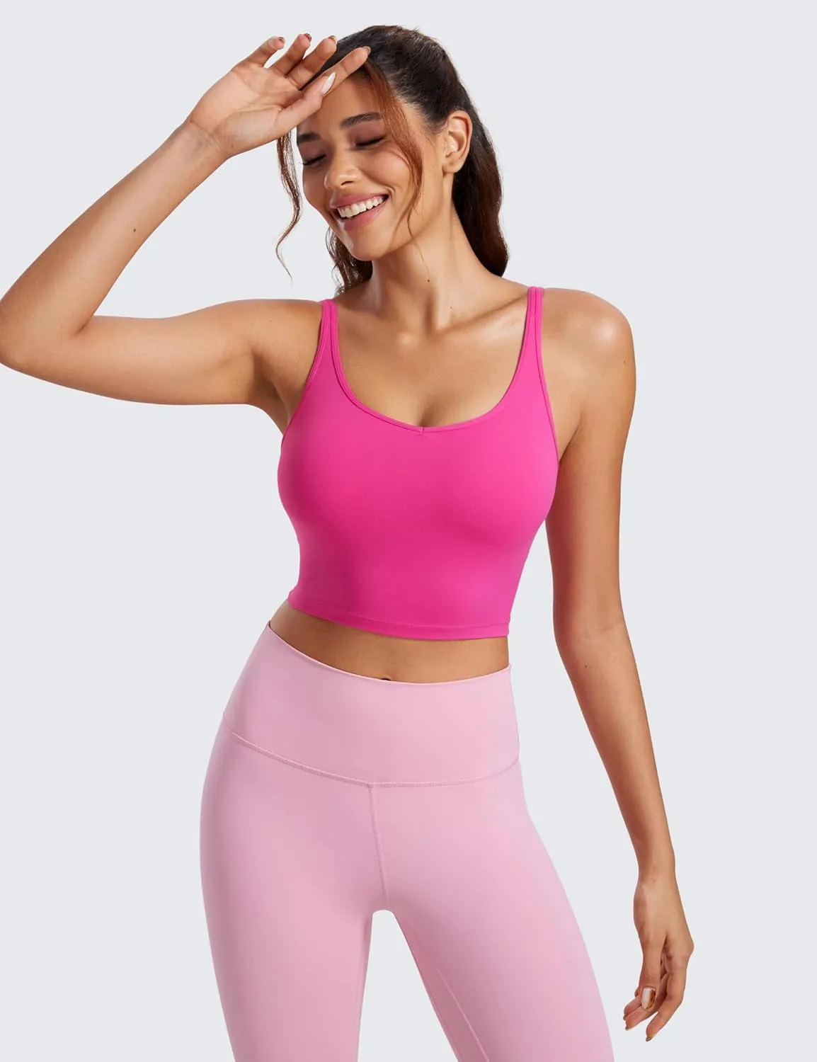 CRZ YOGA Butterluxe-Light Womens V Neck Longline Sports Bra - Spaghetti Straps Workout Crop Top Padded Yoga Cami