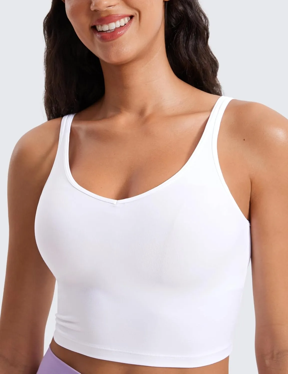CRZ YOGA Butterluxe-Light Womens V Neck Longline Sports Bra - Spaghetti Straps Workout Crop Top Padded Yoga Cami