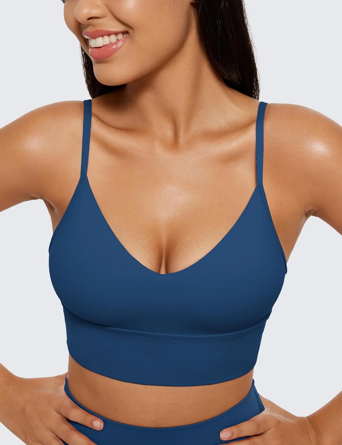 CRZ YOGA Butterluxe Womens V Neck Longline Sports Bra - Adjustable Padded Yoga Camisole Workout Crop Top