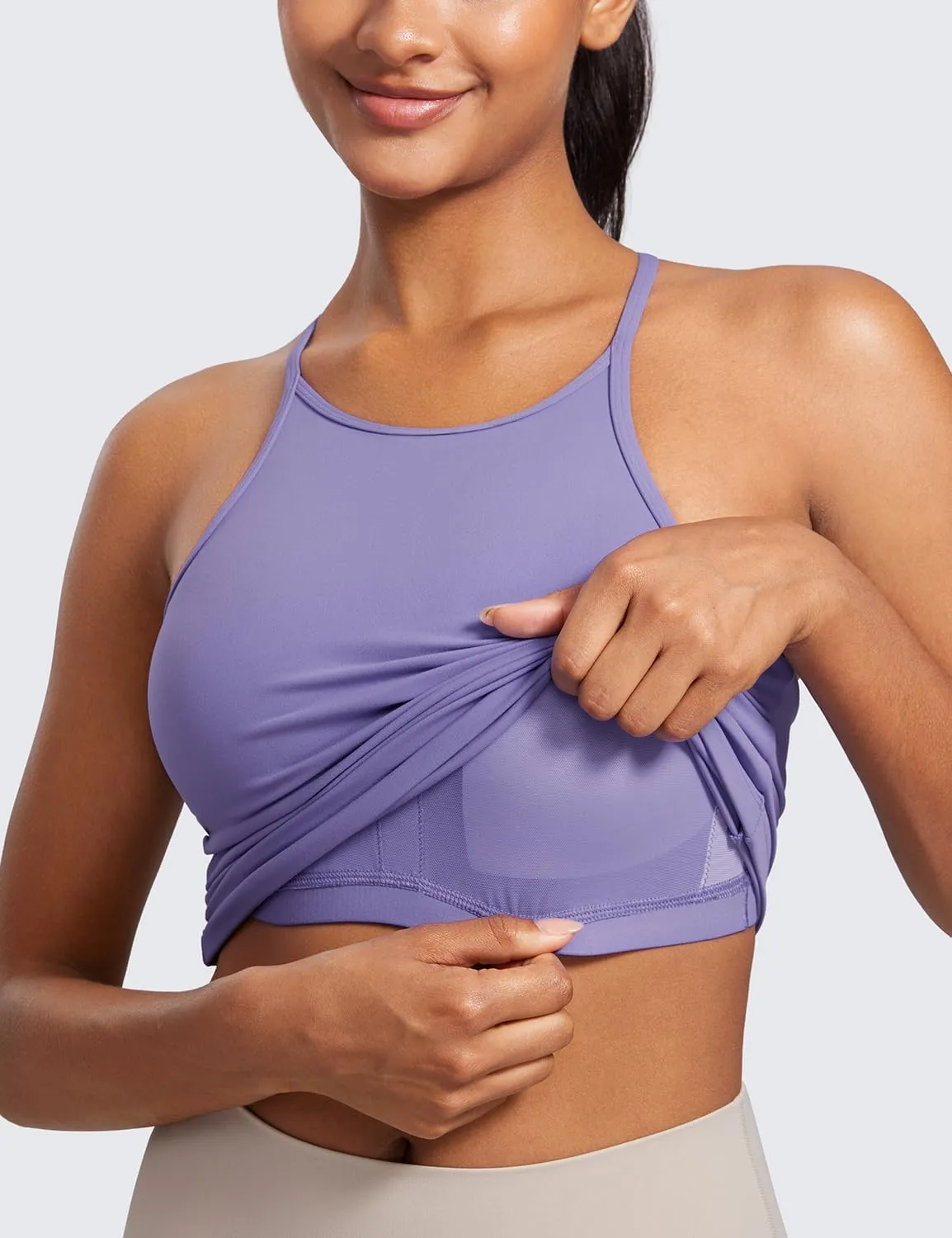 CRZ YOGA Butterluxe Womens Y Back Workout Crop Tank Top with Built in Shelf Bra - Padded Halter High Neck Yoga Camisole