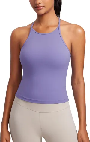 CRZ YOGA Butterluxe Womens Y Back Workout Crop Tank Top with Built in Shelf Bra - Padded Halter High Neck Yoga Camisole