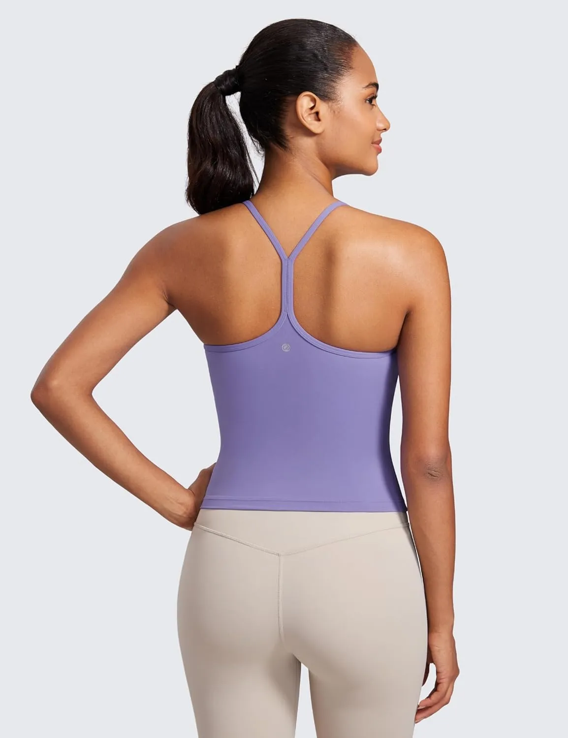 CRZ YOGA Butterluxe Womens Y Back Workout Crop Tank Top with Built in Shelf Bra - Padded Halter High Neck Yoga Camisole