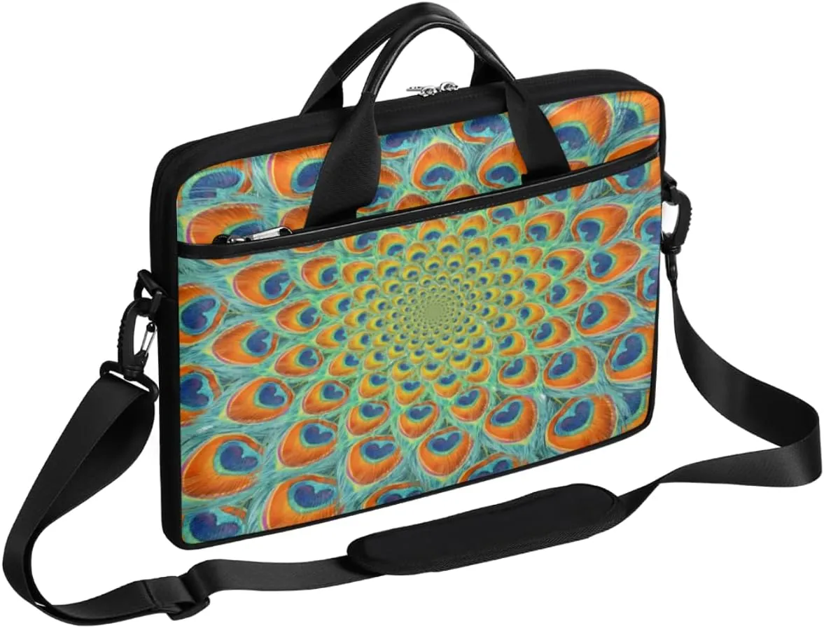 Dazzling Peacock Feather Laptop Computer Bag Waterproof Shoulder Messenger Bag 13-15 inch Durable Laptop Tote Bag with Shoulder Strap Handle Lightweight Crossbody Briefcase
