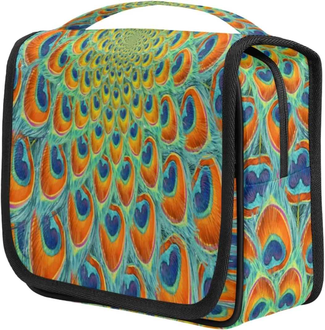 Dazzling Peacock Feather Travel Toiletry Bag for Women Portable Waterproof Travel Makeup Bag with Hanging Hook Makeup Cosmetic Organizer for Travel Business Trip Camping Bathroom