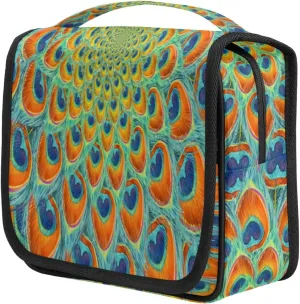 Dazzling Peacock Feather Travel Toiletry Bag for Women Portable Waterproof Travel Makeup Bag with Hanging Hook Makeup Cosmetic Organizer for Travel Business Trip Camping Bathroom