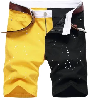DGHM-JLMY Men Stretch Ripped Slim Fit Spliced Denim Shorts Fashion Colorblock Hip Hop Jean Shorts Frayed Straight Jean Short