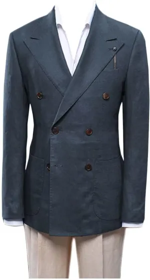Double Breasted Peak Lapel Blazer Jacket for Men Linen Slim Fit Wedding Business Casual Sport Coats