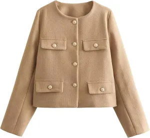 ebossy Women's Button Down Petite Blazer Jacket Long Sleeve Slim Coat Crop Top with Flap Pocket