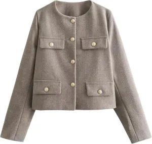 ebossy Women's Button Down Petite Blazer Jacket Long Sleeve Slim Coat Crop Top with Flap Pocket