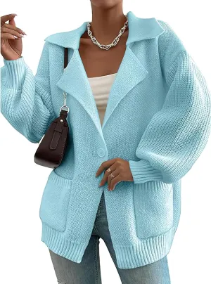 ebossy Women's Trendy Y2K Sweater Long Lantern Sleeve Shawl Lapel Button Baggy Loose Cable Knit Cardigan Outwear