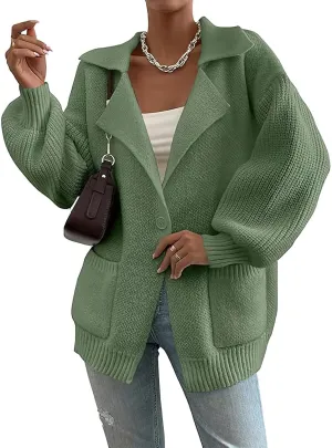 ebossy Women's Trendy Y2K Sweater Long Lantern Sleeve Shawl Lapel Button Baggy Loose Cable Knit Cardigan Outwear