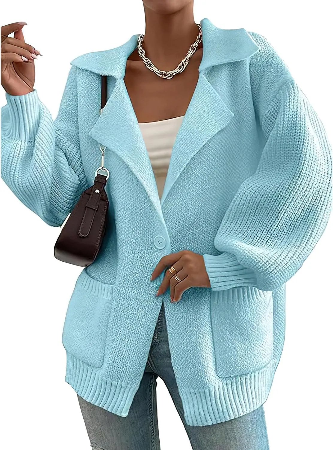 ebossy Women's Trendy Y2K Sweater Long Lantern Sleeve Shawl Lapel Button Baggy Loose Cable Knit Cardigan Outwear