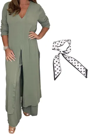 Elegant Casual 2 Pieces Suit with Long Top Matching Trouser,Women's V-Neck Slit Hem Shirt Wide-Leg Pant Chiffon Set