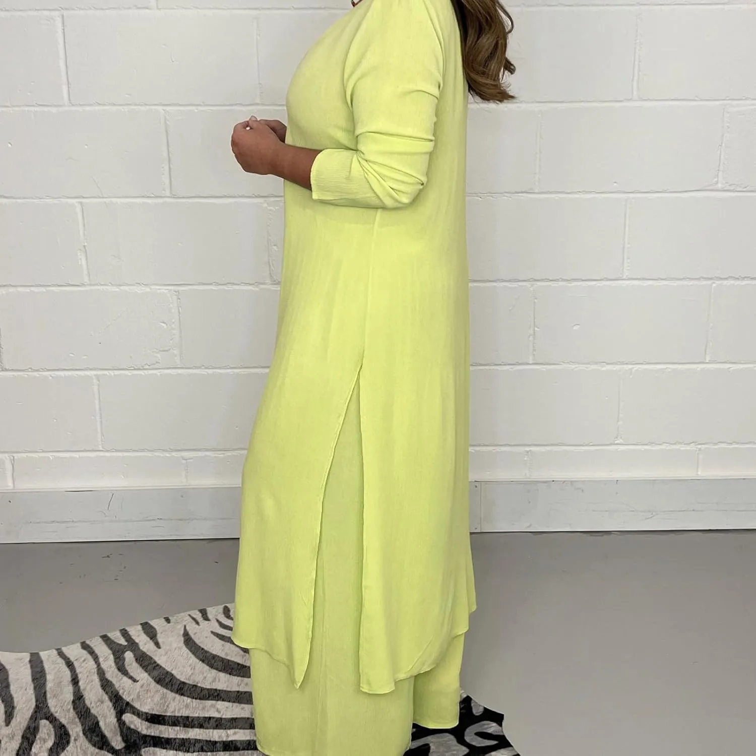 Elegant Casual 2 Pieces Suit with Long Top Matching Trouser,Women's V-Neck Slit Hem Shirt Wide-Leg Pant Chiffon Set