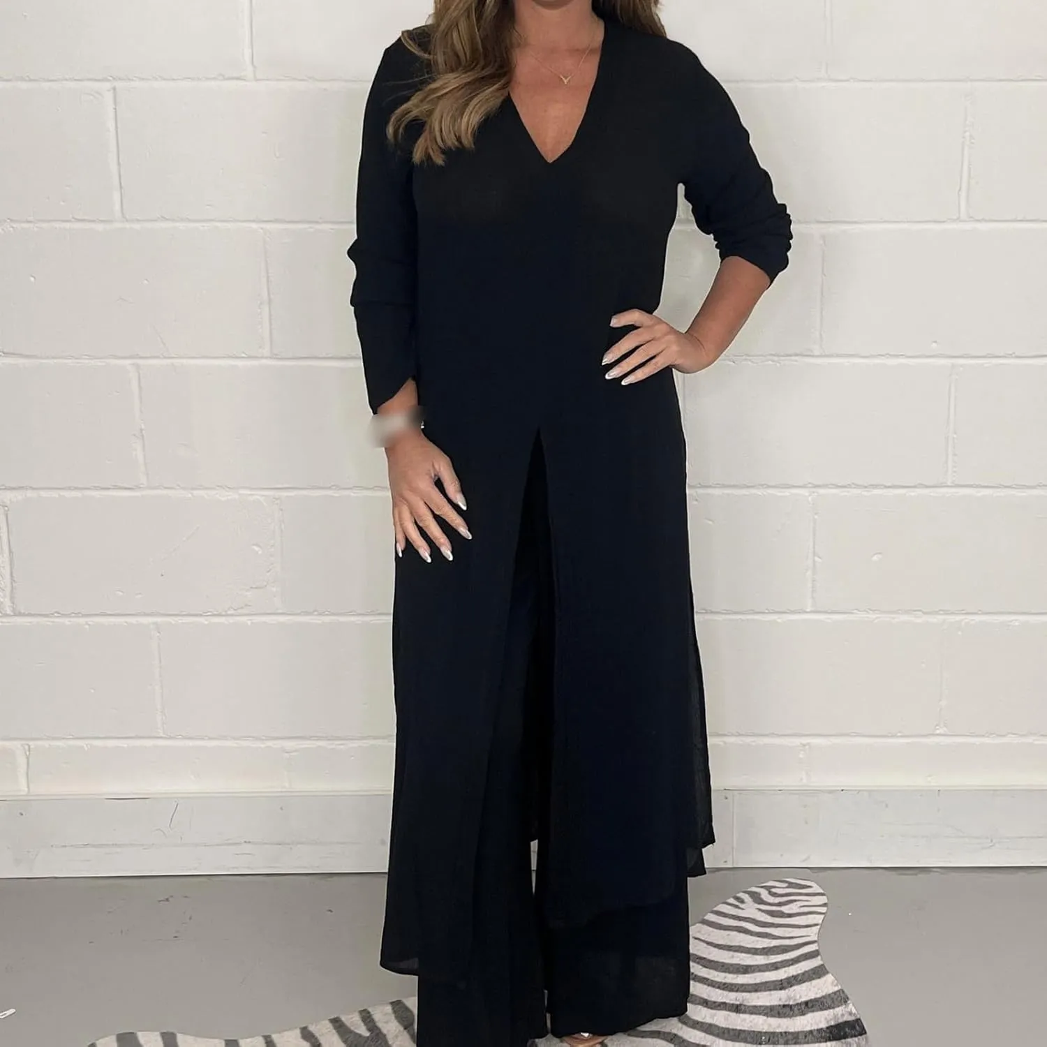 Elegant Casual 2 Pieces Suit with Long Top Matching Trouser,Women's V-Neck Slit Hem Shirt Wide-Leg Pant Chiffon Set