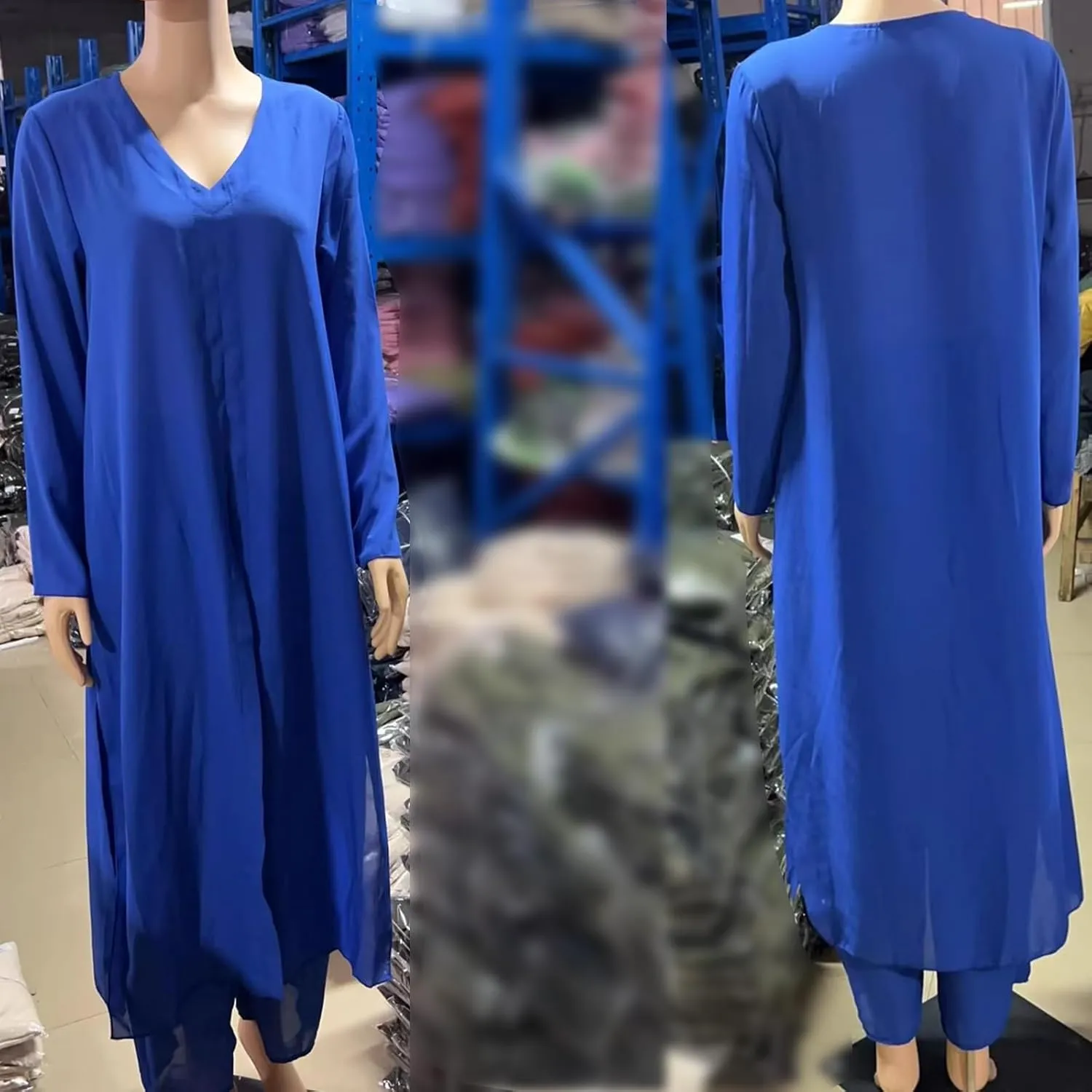 Elegant Casual 2 Pieces Suit with Long Top Matching Trouser,Women's V-Neck Slit Hem Shirt Wide-Leg Pant Chiffon Set