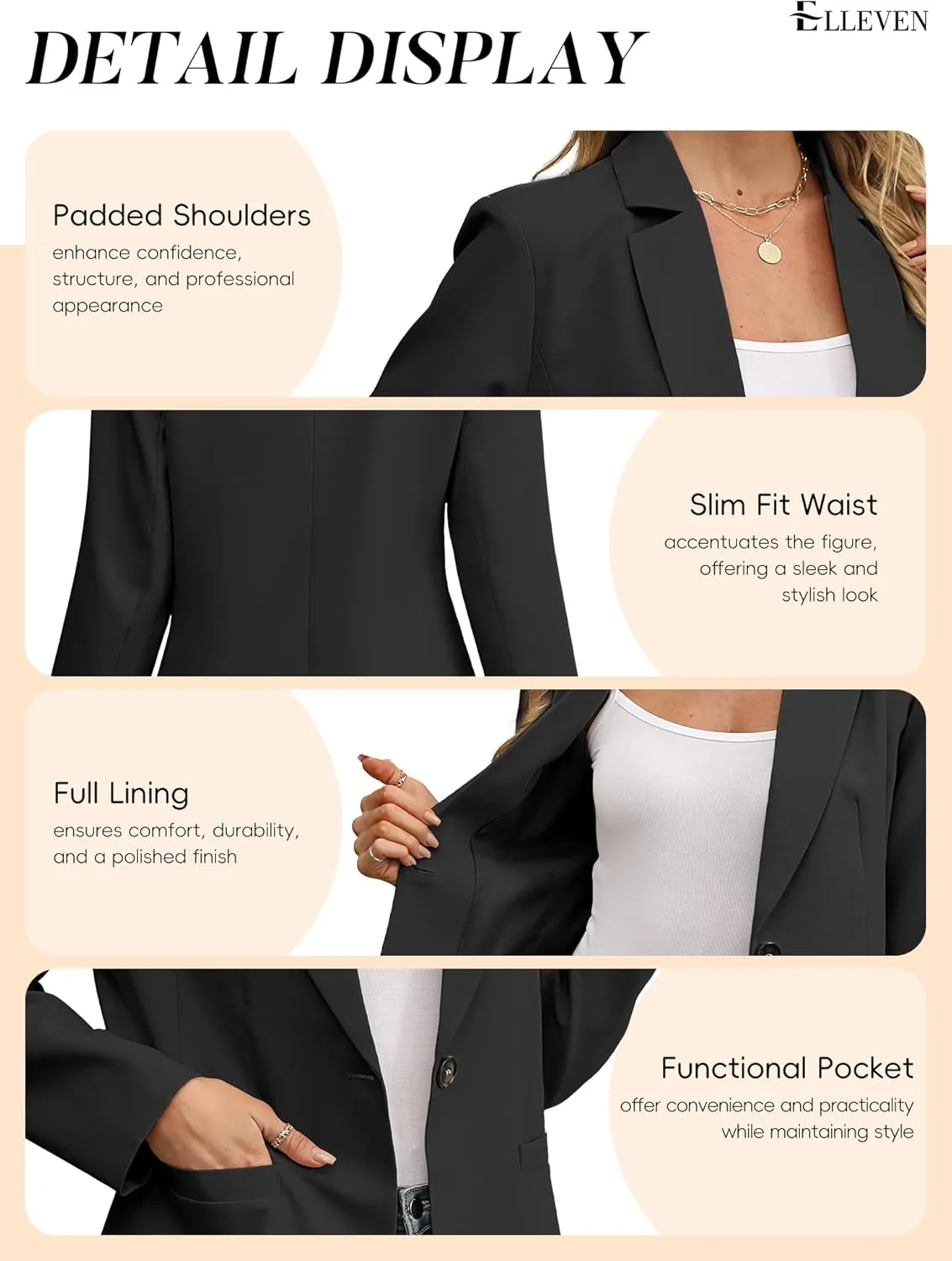 ELLEVEN Women's Blazer Business Casual Lightweight Suit - Long Sleeve Slim Fit Work Office Jacket with Pockets
