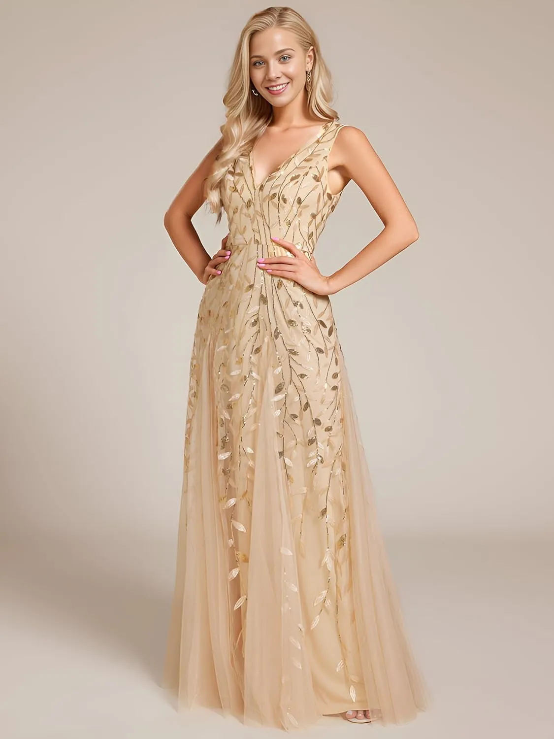 Ever-Pretty Women's Sexy Sleeveless V-Neck Evening Gowns Empire Waist Sequin Embroidery Formal Dress