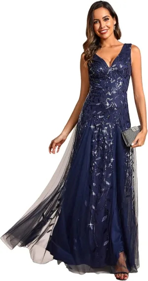 Ever-Pretty Women's Sexy Sleeveless V-Neck Evening Gowns Empire Waist Sequin Embroidery Formal Dress