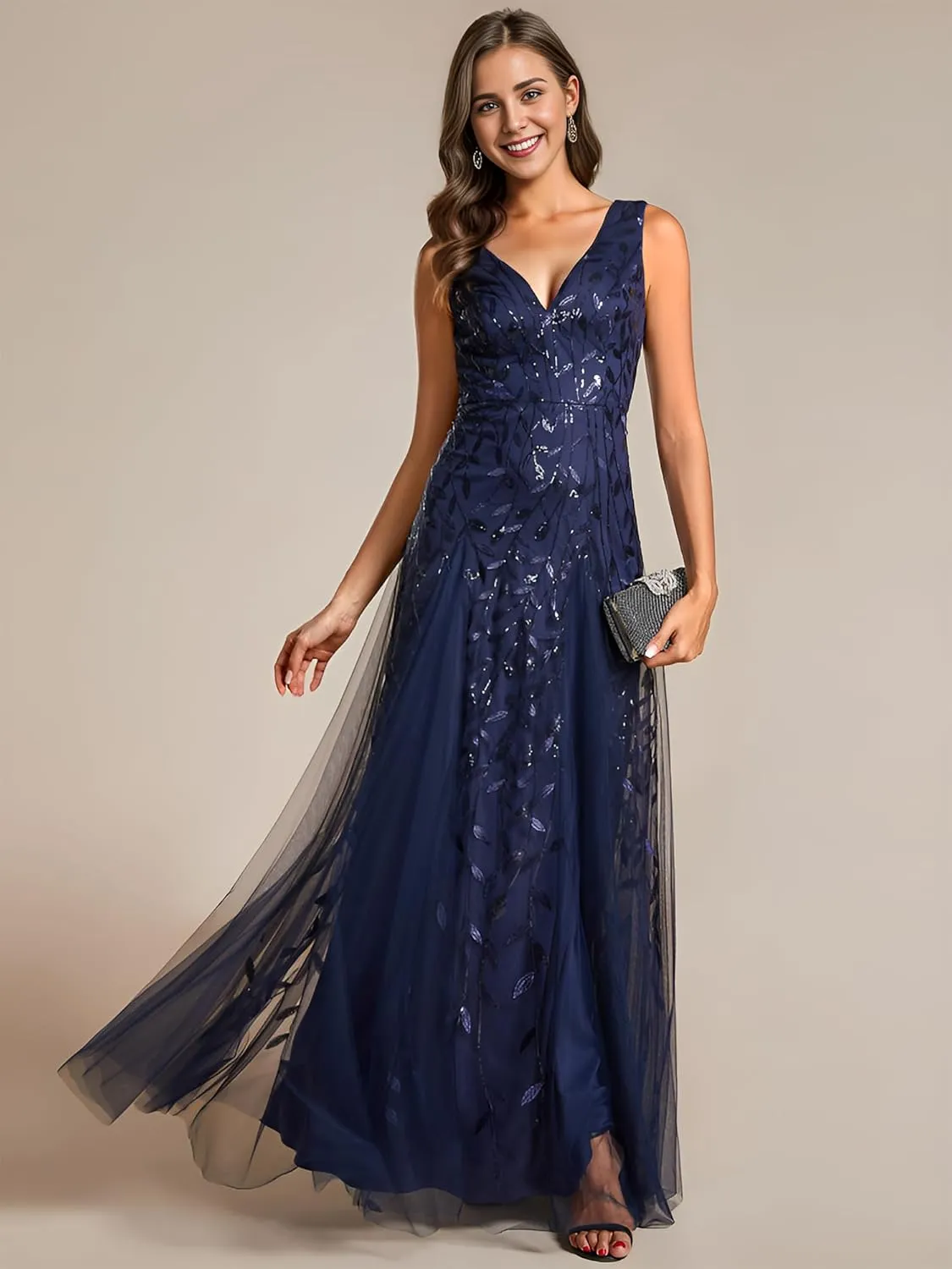 Ever-Pretty Women's Sexy Sleeveless V-Neck Evening Gowns Empire Waist Sequin Embroidery Formal Dress