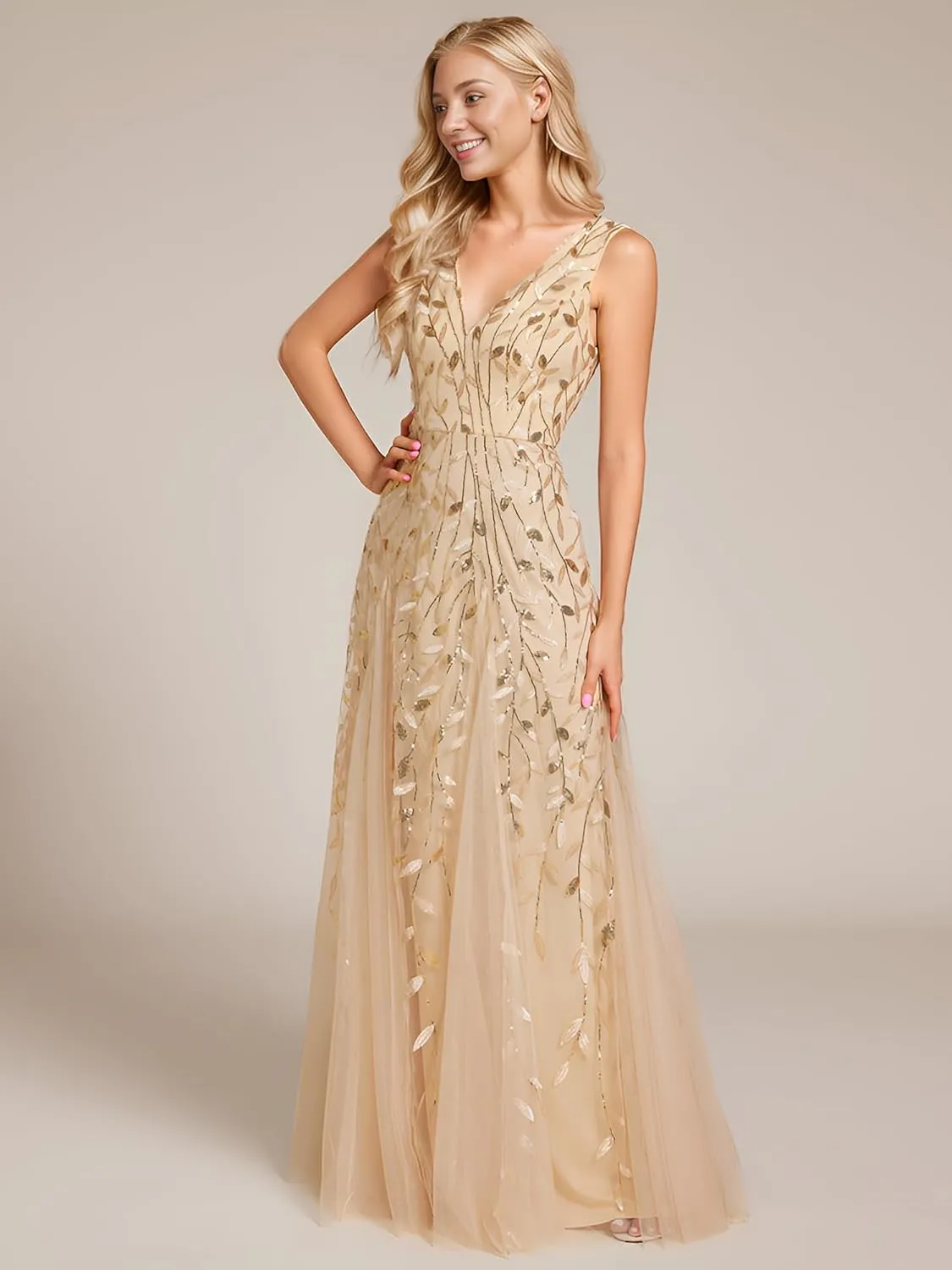 Ever-Pretty Women's Sexy Sleeveless V-Neck Evening Gowns Empire Waist Sequin Embroidery Formal Dress