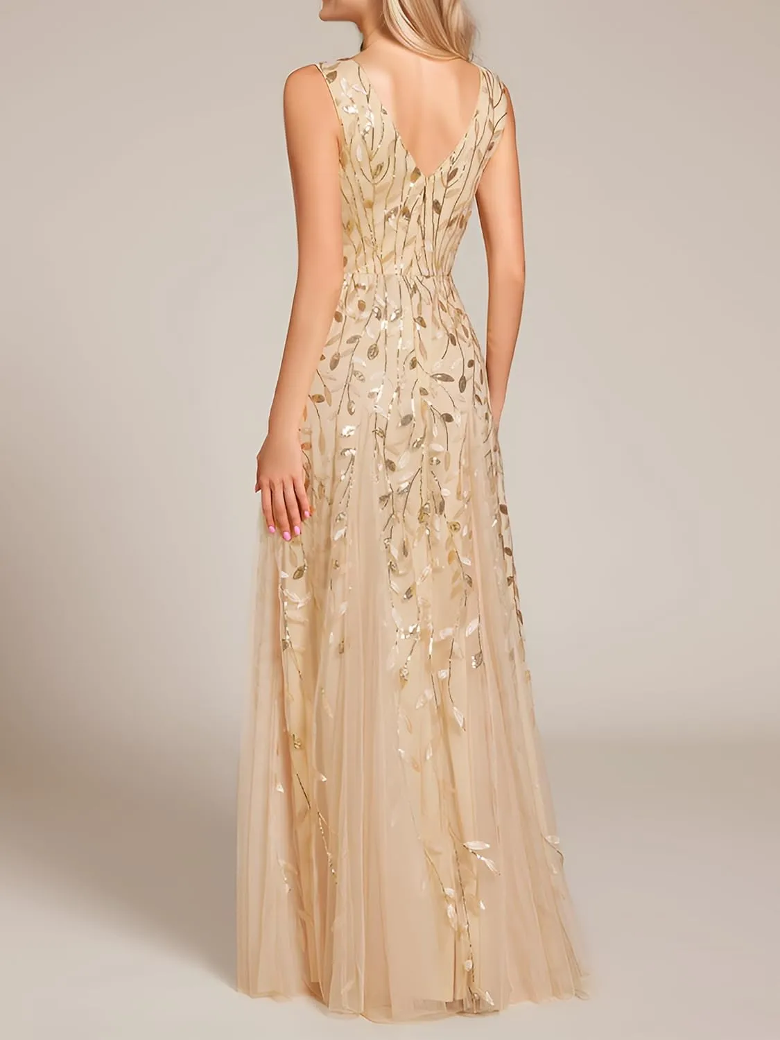 Ever-Pretty Women's Sexy Sleeveless V-Neck Evening Gowns Empire Waist Sequin Embroidery Formal Dress