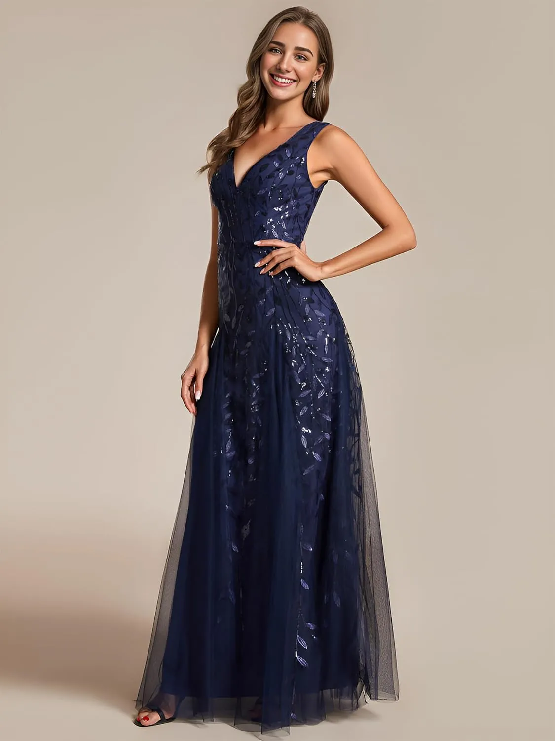 Ever-Pretty Women's Sexy Sleeveless V-Neck Evening Gowns Empire Waist Sequin Embroidery Formal Dress