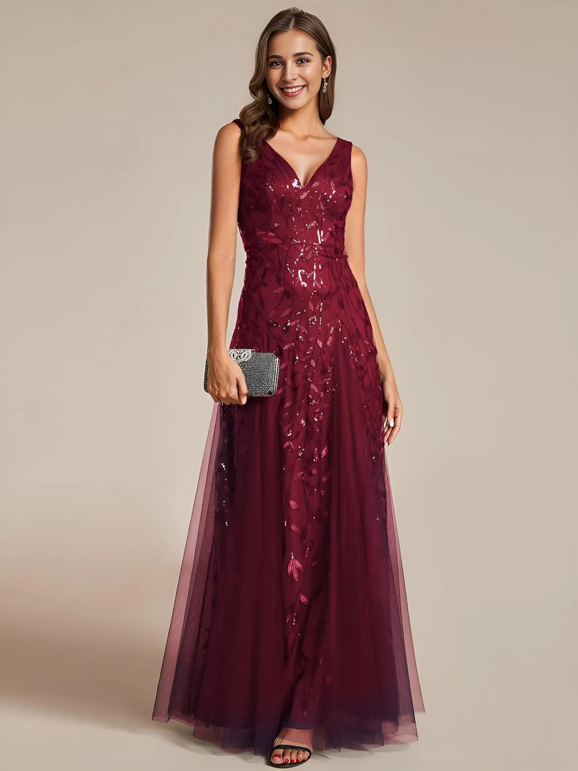 Ever-Pretty Women's Sexy Sleeveless V-Neck Evening Gowns Empire Waist Sequin Embroidery Formal Dress