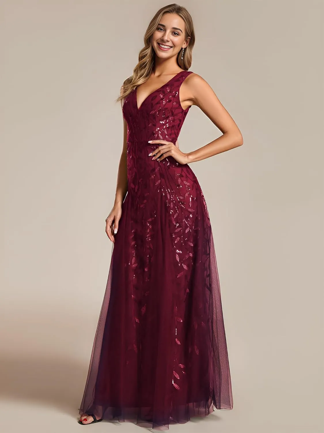 Ever-Pretty Women's Sexy Sleeveless V-Neck Evening Gowns Empire Waist Sequin Embroidery Formal Dress