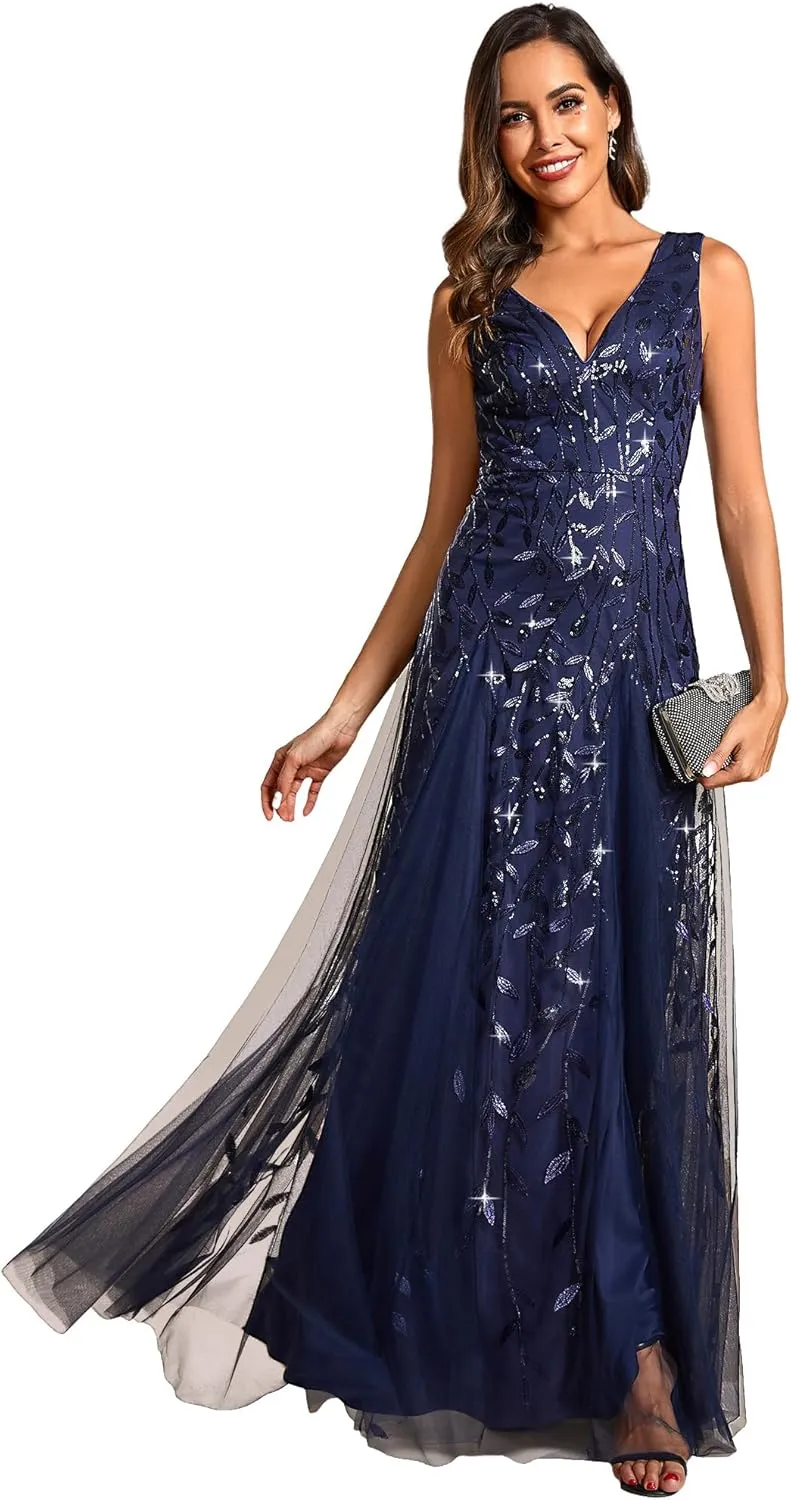 Ever-Pretty Women's Sexy Sleeveless V-Neck Evening Gowns Empire Waist Sequin Embroidery Formal Dress
