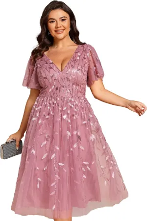Ever-Pretty Women's V Neck Short Sleeves Embroidery Empire Waist Sequin Plus Size Midi Cocktail Wedding Guest Dresses 2230-DA