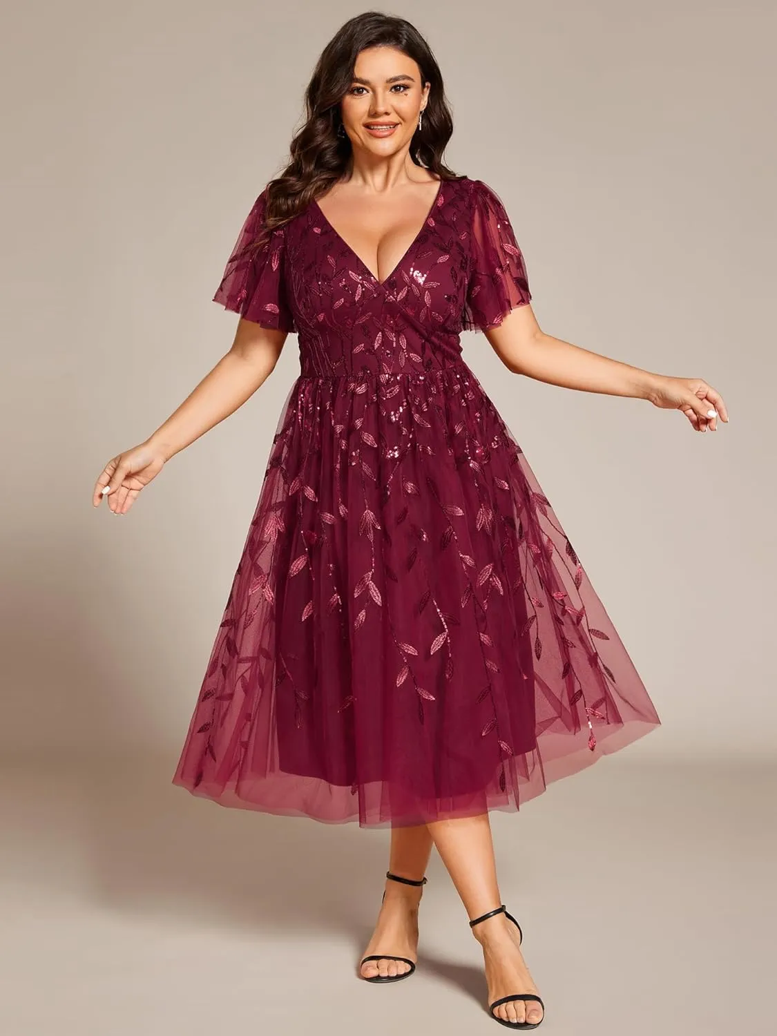 Ever-Pretty Women's V Neck Short Sleeves Embroidery Empire Waist Sequin Plus Size Midi Cocktail Wedding Guest Dresses 2230-DA