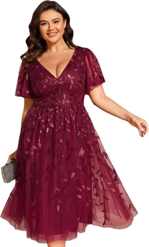 Ever-Pretty Women's V Neck Short Sleeves Embroidery Empire Waist Sequin Plus Size Midi Cocktail Wedding Guest Dresses 2230-DA