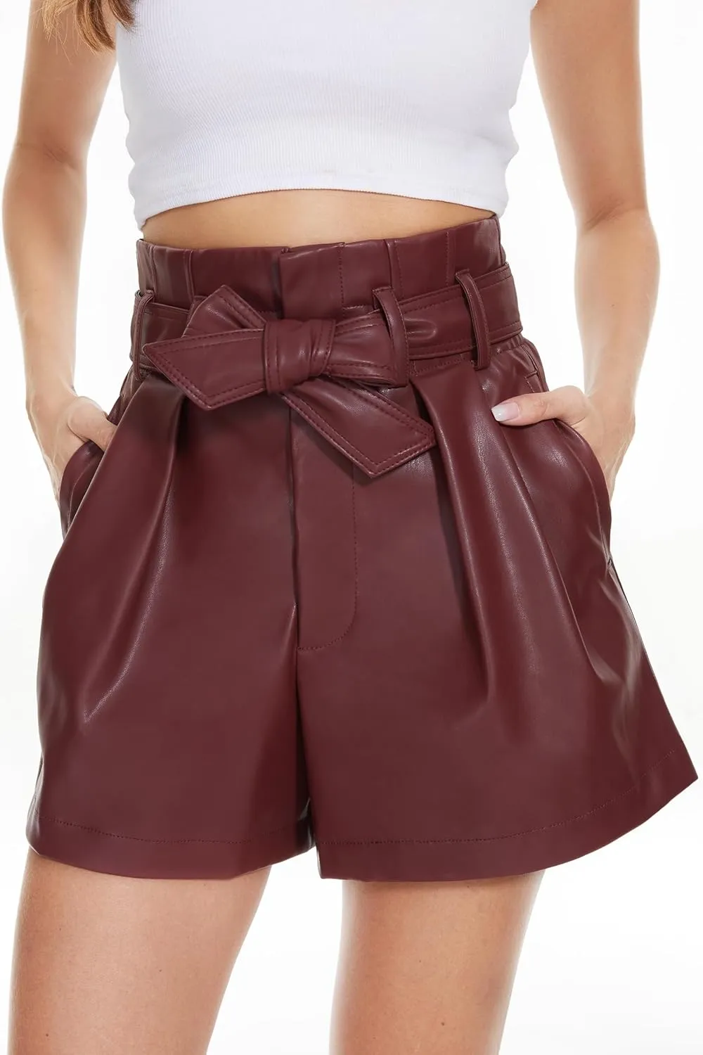 Fahsyee Black Faux Leather Shorts Women High Waisted Casual Wide Leg Size S-XXL