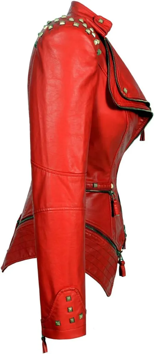 Fashion SX Women's Studded Rivets Faux Leather Jacket Plus Size Motorcycle Leather Casual Coats