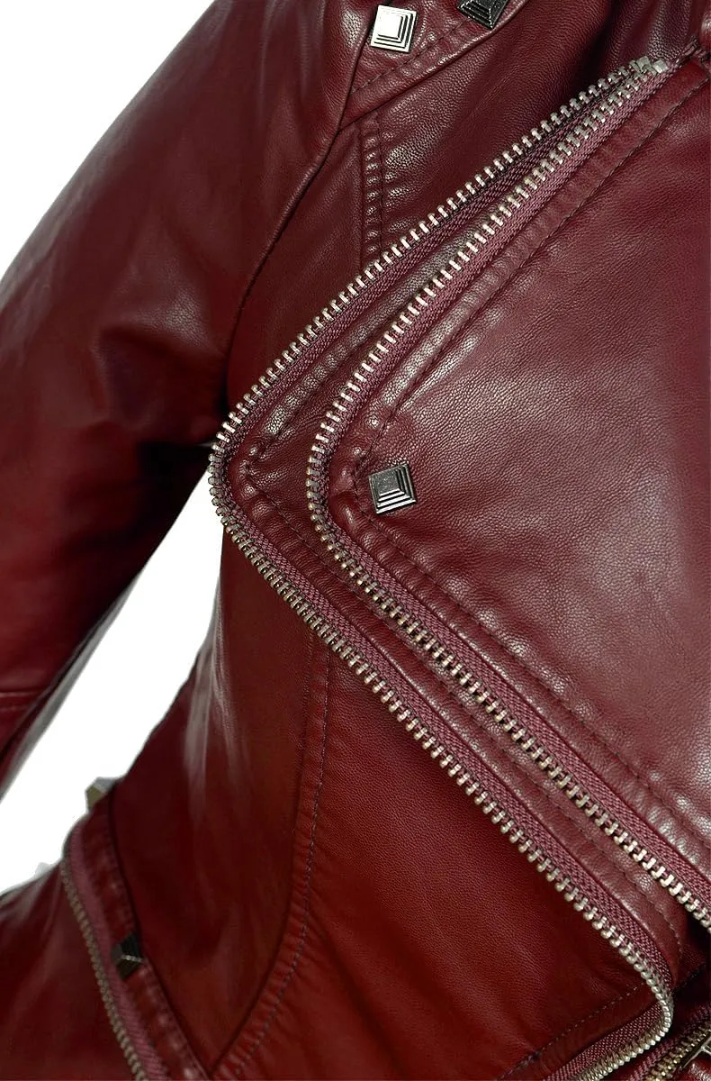 Fashion SX Women's Studded Rivets Faux Leather Jacket Plus Size Motorcycle Leather Casual Coats