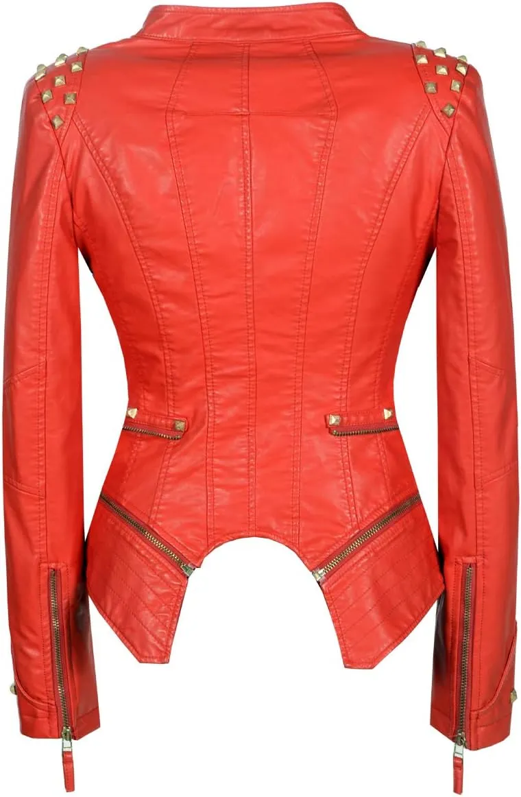 Fashion SX Women's Studded Rivets Faux Leather Jacket Plus Size Motorcycle Leather Casual Coats